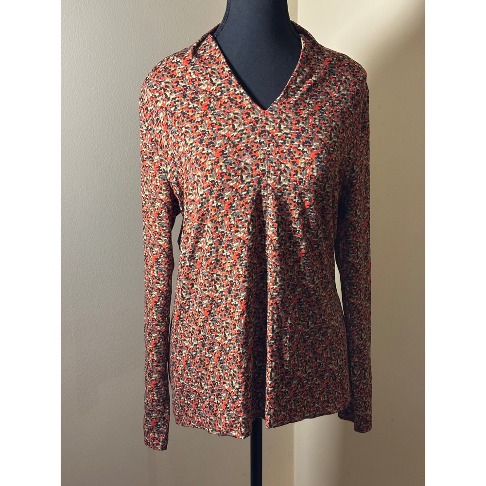 Talbots V-Neck Top Womens Large Red Orange Abstract Long Sleeve Excellent Knit